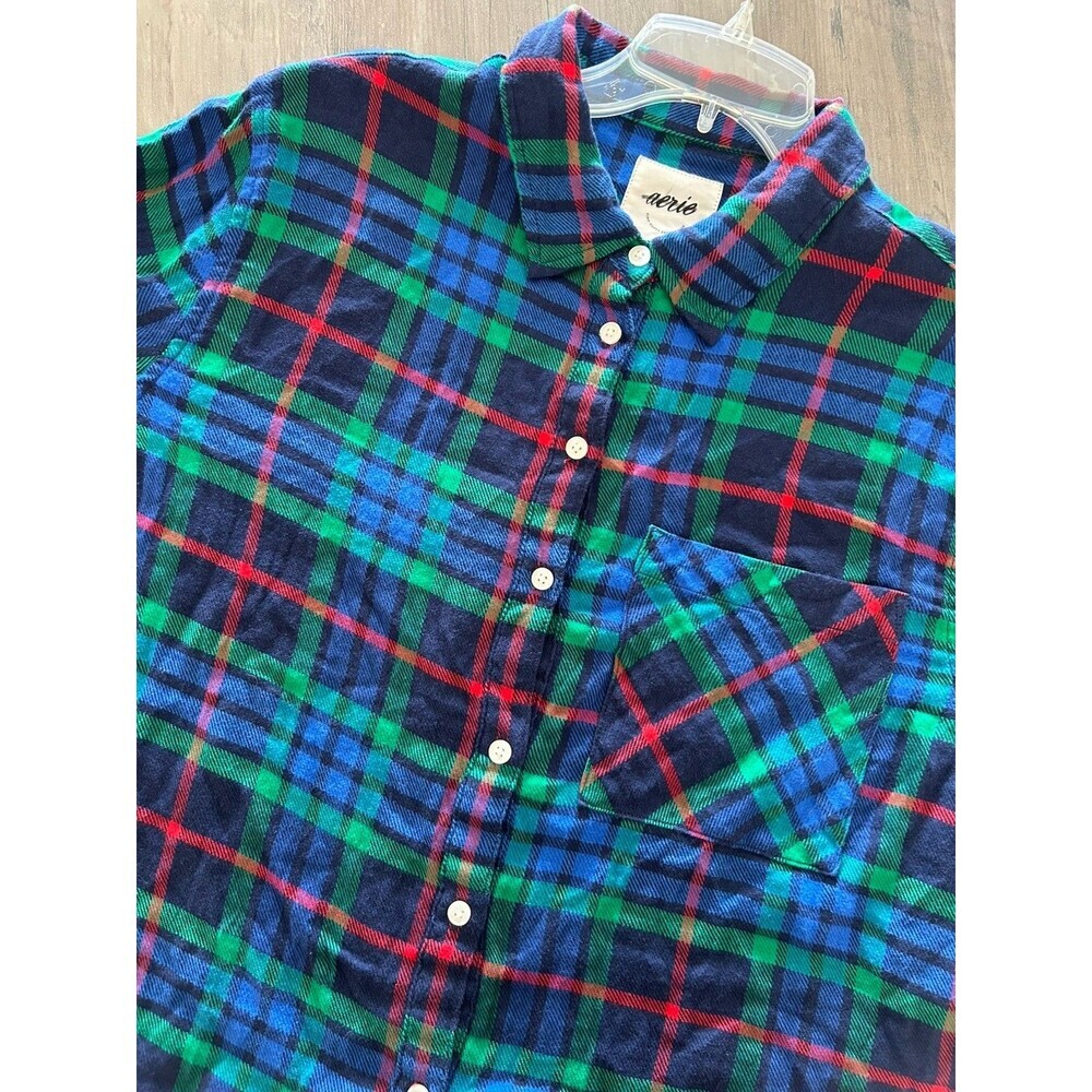 Aerie Blue Green Plaid Button Down Flannel Womens Size Medium
